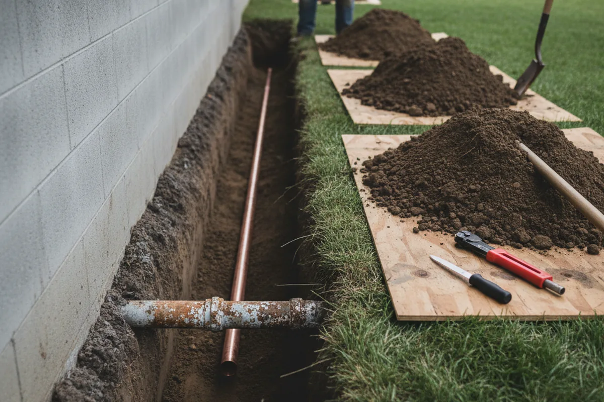 Excavated water line trench during Water Heater Repair in Lanai City